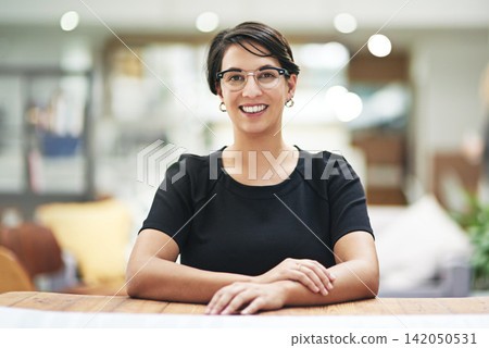 Business woman, portrait and work from home video call with virtual consultation for project advice and planning. Face of graphic designer or worker in glasses with smile for creative online meeting Business woman, portrait and work from home video call with virtual consultation for project advice and planning. Face of graphic designer or worker in glasses with smile for creative online meeting 142050531