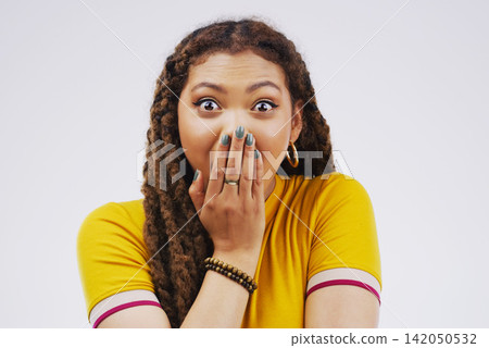 Studio, omg and black woman in portrait with face, shock or mind blown with good news. Happy, female person and surprise reaction for announcement, lottery or competition prize on white background Studio, omg and black woman in portrait with face, shock or mind blown with good news. Happy, female person and surprise reaction for announcement, lottery or competition prize on white background 142050532