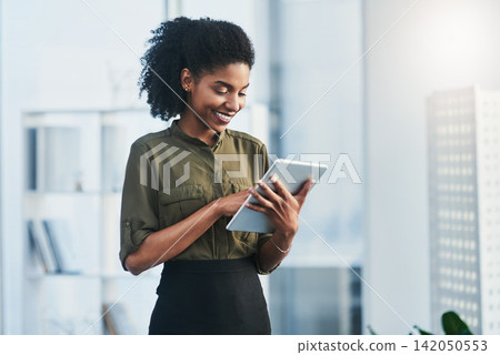 Tablet, business and black woman in office online for social media, online report and planning. Happy, corporate worker and person on digital technology for project ideas, website and research 142050553