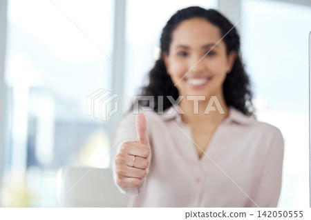 Businesswoman, portrait and hand with thumbs up approval for corporate career or deal, yes or congratulations. Female person, face and finger as emoji gesture for employee support, promotion or sale 142050555