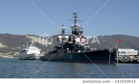 Novorossiysk Russia June 23 2026 Cruiser Mikhail Kutuzov and cruise ship Prince Vladimir at the sea port passenger terminal on a sunny day Novorossiysk Russia June 23 2026 Cruiser Mikhail Kutuzov and cruise ship Prince Vladimir at the sea port passenger terminal on a sunny day 142050613