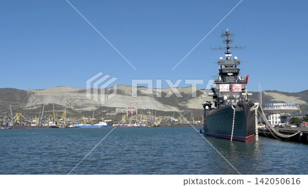 Novorossiysk Russia June 23 2026 Cruiser Mikhail Kutuzov museum ship moored at the sea port passenger terminal on a sunny day Novorossiysk Russia June 23 2026 Cruiser Mikhail Kutuzov museum ship moored at the sea port passenger terminal on a sunny day 142050616