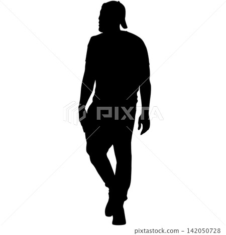 Black silhouette of man standing front view on white background Black silhouette of man standing front view on white background 142050728