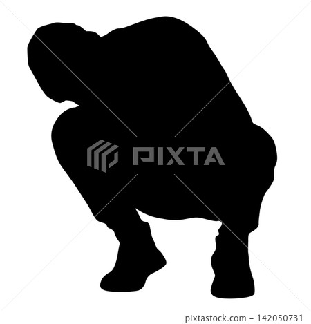 Black silhouette of man squatting on white background Black silhouette of man squatting on white background 142050731