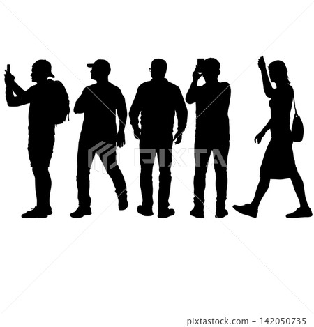 Set of black silhouettes of men and women in different poses and activities on white background 142050735