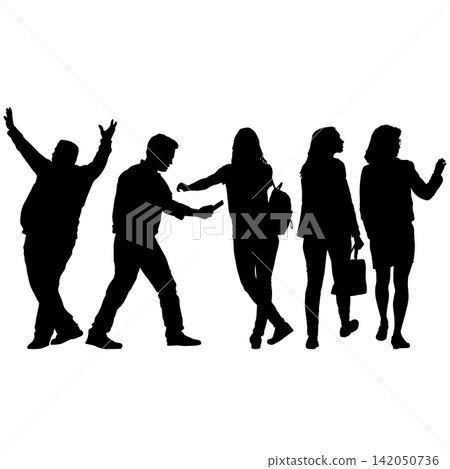 Set of black silhouettes of men and women in different poses and activities on white background Set of black silhouettes of men and women in different poses and activities on white background 142050736