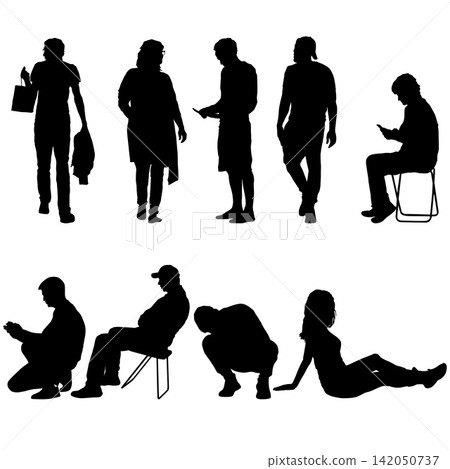 Set of black silhouettes of men and women in different poses and activities on white background Set of black silhouettes of men and women in different poses and activities on white background 142050737