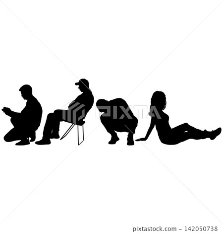 Set of black silhouettes of men and women in different poses and activities on white background Set of black silhouettes of men and women in different poses and activities on white background 142050738