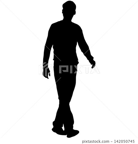 Black silhouette of man standing front view on white background Black silhouette of man standing front view on white background 142050745