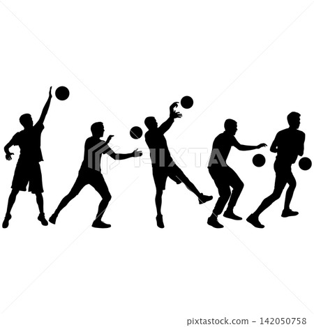 Set of black silhouettes of basketball players in different poses and actions on white background Set of black silhouettes of basketball players in different poses and actions on white background 142050758