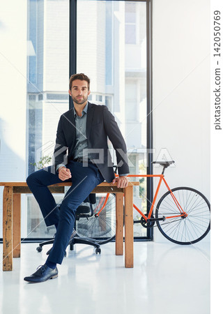 Business man, portrait and agent at desk, human resources and confident for hiring in company. Serious male person, employee and office for consulting, vision and plan for growth in startup company 142050769