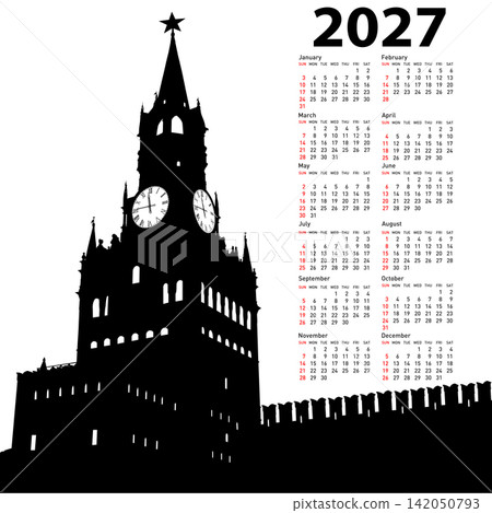 2027 calendar with black silhouette of Spasskaya Tower on white background 2027 calendar with black silhouette of Spasskaya Tower on white background 142050793