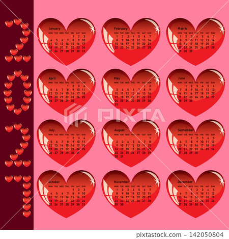 2027 calendar made of heart shapes on white background 2027 calendar made of heart shapes on white background 142050804
