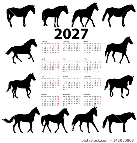 2027 calendar with horse silhouettes on white background 2027 calendar with horse silhouettes on white background 142050808