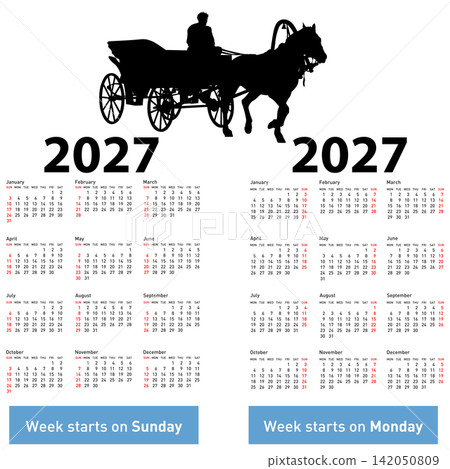 2027 calendar with black silhouette of horse drawn carriage on white background 2027 calendar with black silhouette of horse drawn carriage on white background 142050809