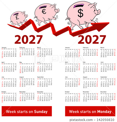 2027 calendar with piggy banks representing business money and financial savings on white background 2027 calendar with piggy banks representing business money and financial savings on white background 142050810