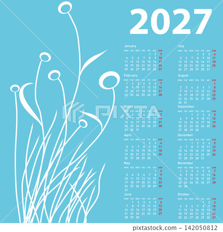 2027 calendar with abstract blue and white flower design on white background 2027 calendar with abstract blue and white flower design on white background 142050812