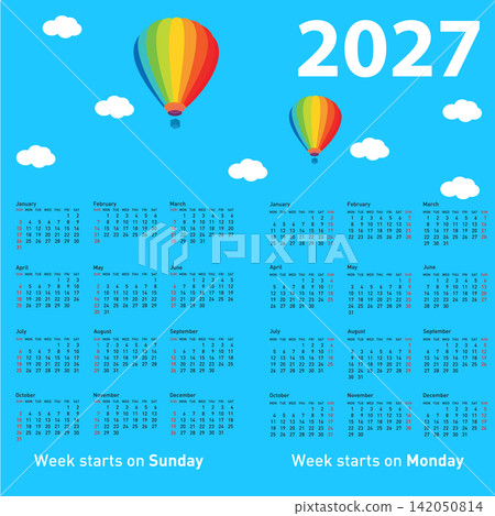 2027 calendar with hot air balloon flying among clouds on white background 2027 calendar with hot air balloon flying among clouds on white background 142050814