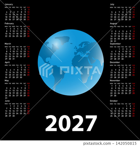 2027 calendar with globe representing the Earth on black background 2027 calendar with globe representing the Earth on black background 142050815