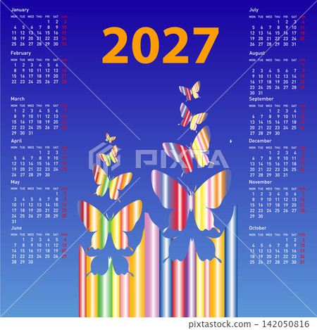 2027 calendar with abstract butterflies on blue background 2027 calendar with abstract butterflies on blue background 142050816