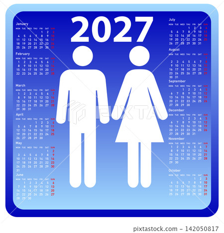 2027 calendar with man and woman silhouettes on blue background 2027 calendar with man and woman silhouettes on blue background 142050817