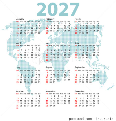 2027 calendar with world map background on white background 2027 calendar with world map background on white background 142050818