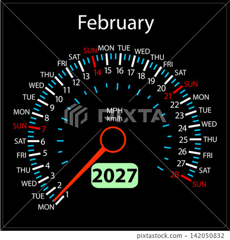 February 2027 calendar designed as a car speedometer with needle February 2027 calendar designed as a car speedometer with needle 142050832