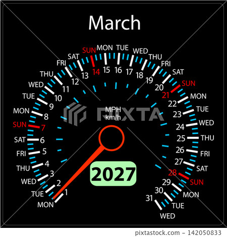 March 2027 calendar designed as a car speedometer with needle March 2027 calendar designed as a car speedometer with needle 142050833