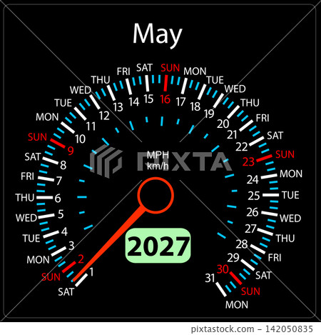 May 2027 calendar designed as a car speedometer with needle May 2027 calendar designed as a car speedometer with needle 142050835