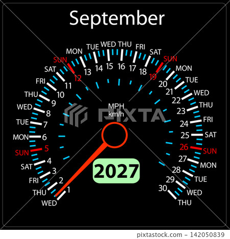 September 2027 calendar designed as a car speedometer with needle September 2027 calendar designed as a car speedometer with needle 142050839