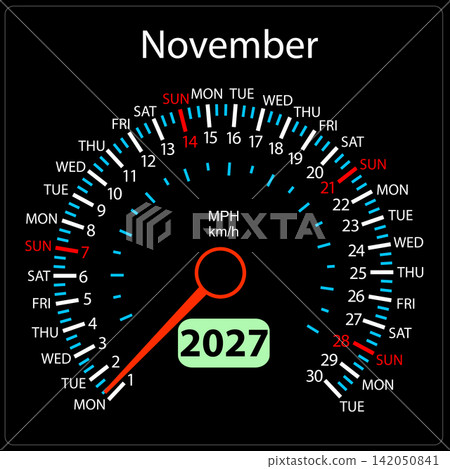 November 2027 calendar designed as a car speedometer with needle November 2027 calendar designed as a car speedometer with needle 142050841