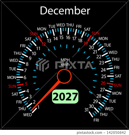 December 2027 calendar designed as a car speedometer with needle December 2027 calendar designed as a car speedometer with needle 142050842