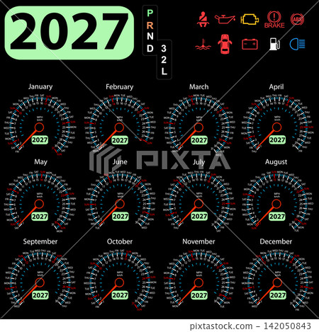 2027 calendar set with twelve monthly car speedometers and needles 2027 calendar set with twelve monthly car speedometers and needles 142050843