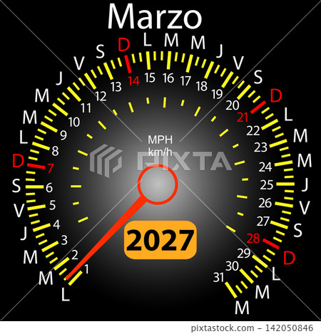 March 2027 Spanish calendar designed as a car speedometer with needle March 2027 Spanish calendar designed as a car speedometer with needle 142050846