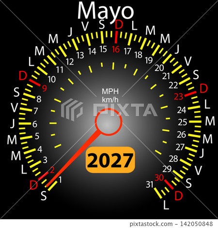 May 2027 Spanish calendar designed as a car speedometer with needle May 2027 Spanish calendar designed as a car speedometer with needle 142050848