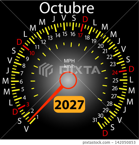 October 2027 Spanish calendar designed as a car speedometer with needle October 2027 Spanish calendar designed as a car speedometer with needle 142050853