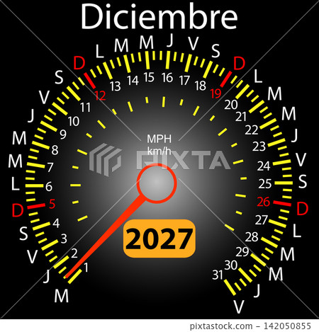 December 2027 Spanish calendar designed as a car speedometer with needle December 2027 Spanish calendar designed as a car speedometer with needle 142050855