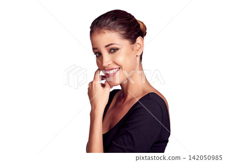 Mockup, smile and portrait of woman for makeup, beauty and cosmetics isolated on white background. Cosmetology, face and confidence of female person for skin care, treatment and dermatology in studio 142050985
