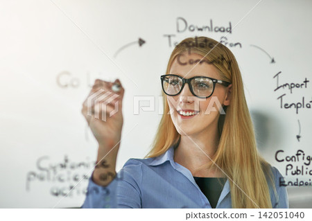 Glass, planning and writing with business woman in office to brainstorm steps for guide or process. Face, mindmap and smile with confident young public relations employee in workplace for strategy Glass, planning and writing with business woman in office to brainstorm steps for guide or process. Face, mindmap and smile with confident young public relations employee in workplace for strategy 142051040