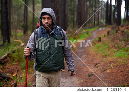 Man, hiking and forest for fitness with backpack, gear and wellness for sports, recreation and health. Male person, hiker and trail for wellbeing, strength and endurance in nature for adventure Man, hiking and forest for fitness with backpack, gear and wellness for sports, recreation and health. Male person, hiker and trail for wellbeing, strength and endurance in nature for adventure 142051044