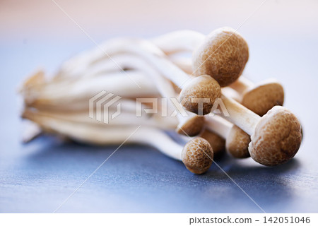 Beech mushrooms, preparing and board in closeup with protein for fibre in healthy diet with vegetables for cooking. Vitamin b, nutrition and vegetable with groceries, eating and organic for health Beech mushrooms, preparing and board in closeup with protein for fibre in healthy diet with vegetables for cooking. Vitamin b, nutrition and vegetable with groceries, eating and organic for health 142051046
