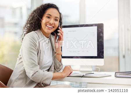 Office, phone call and woman at desk with computer screen, networking and financial management. Smartphone, accounting and happy consultant with advice, online invoice and payment collection agency Office, phone call and woman at desk with computer screen, networking and financial management. Smartphone, accounting and happy consultant with advice, online invoice and payment collection agency 142051110