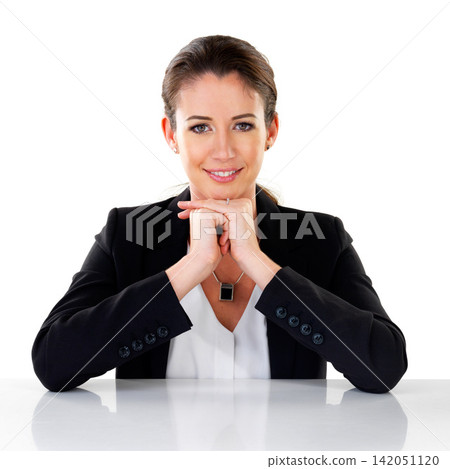 Portrait, happy and confident business woman at table in studio isolated on a white background. Face, smile and professional entrepreneur at desk for career, job and work of advisor in California Portrait, happy and confident business woman at table in studio isolated on a white background. Face, smile and professional entrepreneur at desk for career, job and work of advisor in California 142051120
