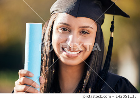Happy woman, portrait and graduation with certificate for education, scholarship or achievement in nature. Face of young female person, student or graduate with smile for diploma, degree or milestone Happy woman, portrait and graduation with certificate for education, scholarship or achievement in nature. Face of young female person, student or graduate with smile for diploma, degree or milestone 142051135