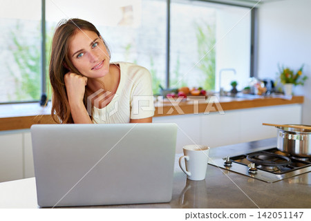 Woman, laptop and portrait in kitchen with remote work from home for freelance copywriting with smile. Girl, person and writer with pc, happy and morning in house, creativity and editing with coffee Woman, laptop and portrait in kitchen with remote work from home for freelance copywriting with smile. Girl, person and writer with pc, happy and morning in house, creativity and editing with coffee 142051147