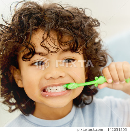 Boy, smile or child in home brushing teeth for learning development morning routine in bathroom. Face, growth or happy kid cleaning mouth with toothbrush, dental hygiene or oral health for wellness Boy, smile or child in home brushing teeth for learning development morning routine in bathroom. Face, growth or happy kid cleaning mouth with toothbrush, dental hygiene or oral health for wellness 142051203