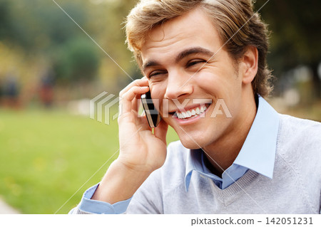 Phone call, student and man with smile, park and nature to relax in university, talking and listening to contact. Communication, scholarship and technology for guy, knowledge and campus in USA Phone call, student and man with smile, park and nature to relax in university, talking and listening to contact. Communication, scholarship and technology for guy, knowledge and campus in USA 142051231