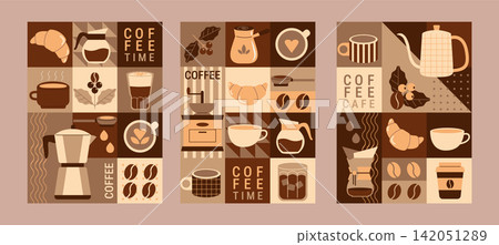 Coffee geometric flyers in brown and beige colors.Coffee beans, croissant,coffee to go and different types of hot drink - americano,latte,moka, ice coffee.Design for web,cover,web,print, poster.Vector 142051289