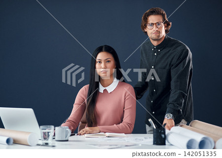 Architecture, portrait and man with woman, laptop and blueprint for creative ideas in building development. Partnership, confidence and architect team with computer, paperwork and support in office 142051335