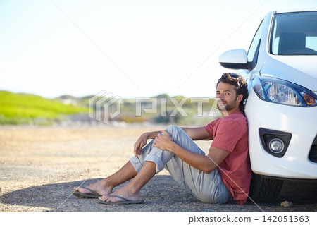 Portrait, man and car breakdown on road with engine problems waiting for tow truck to help with emergency. Stress, male person and motor crisis for mechanic repair, insurance and vehicle damage Portrait, man and car breakdown on road with engine problems waiting for tow truck to help with emergency. Stress, male person and motor crisis for mechanic repair, insurance and vehicle damage 142051363